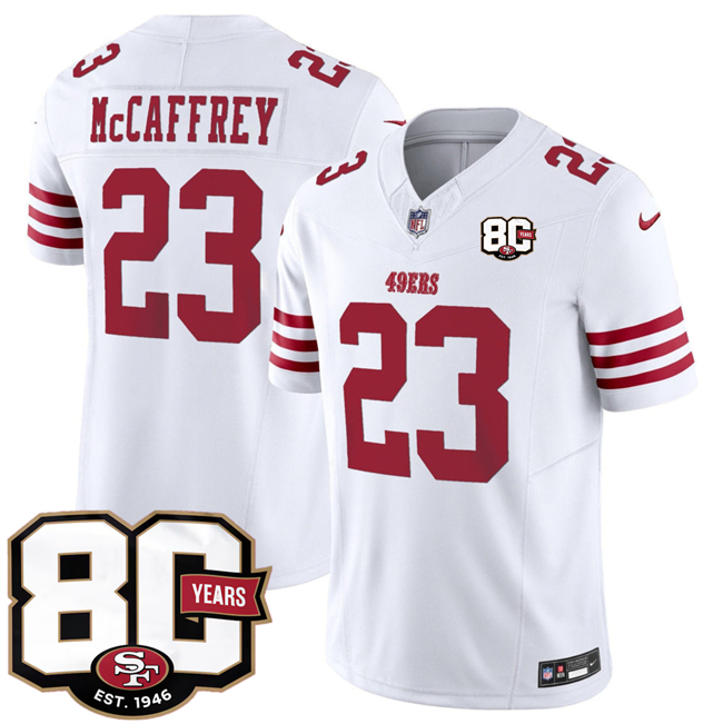 Men's White San Francisco 49ers #23 Christian McCaffrey 80th Anniversary Patch 2026 F.U.S.E. Vapor Untouchabl2026 F.U.S.E. Vapor Untouchable Limited Stitched Football Jersey